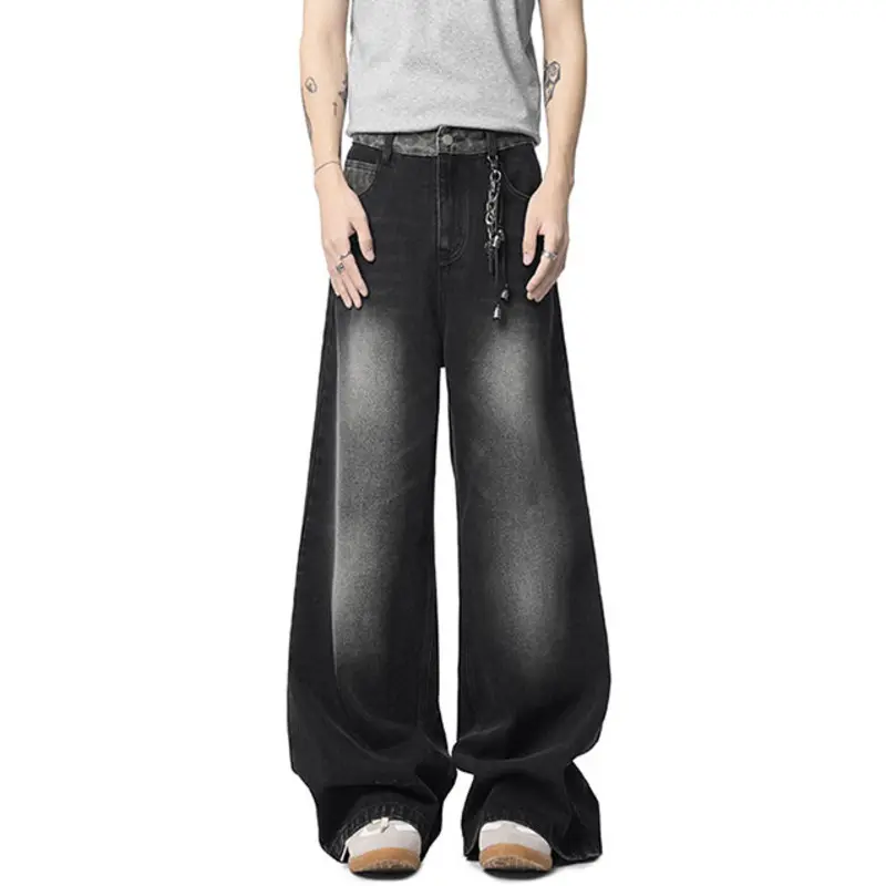 IEFB New Fashion Men's Jeans Washing Leopard Print Patchwork Contrats Color Trousers Straight Wide Leg Male Denim Pants 9W3861