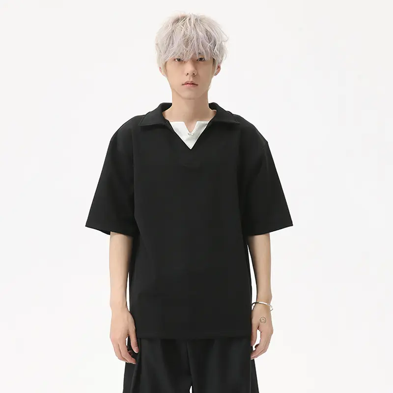 IEFB Fake Two-piece Design Men's T-shirts Turn-down Collar Short Sleeve New Summer Loose Male Contrast Color Tops Simple 9W2472