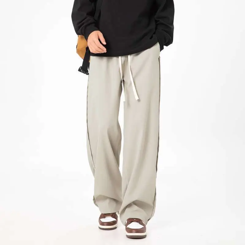 IEFB Korean Style Men's Casual Pants Drawstring Solid Color Straight Straight Wide Leg Loose Elastic Waist Male Bottom 9W3493