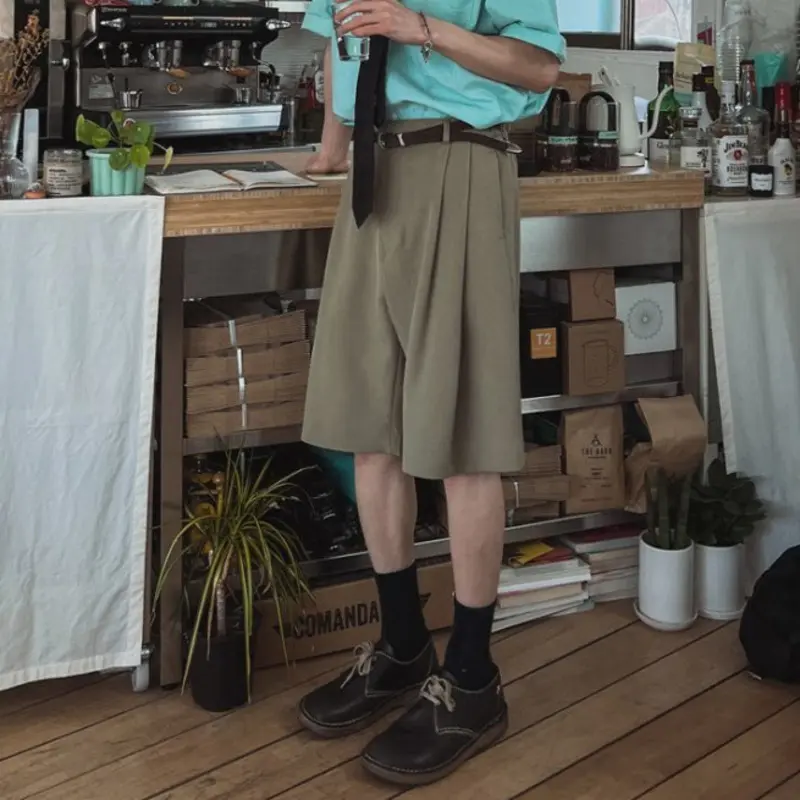IEFB Korean Style Men's Casual Shorts Pleated Design Solid Color Drape Wide Leg Trousers Straight Loose Male Bottom New 9W2734