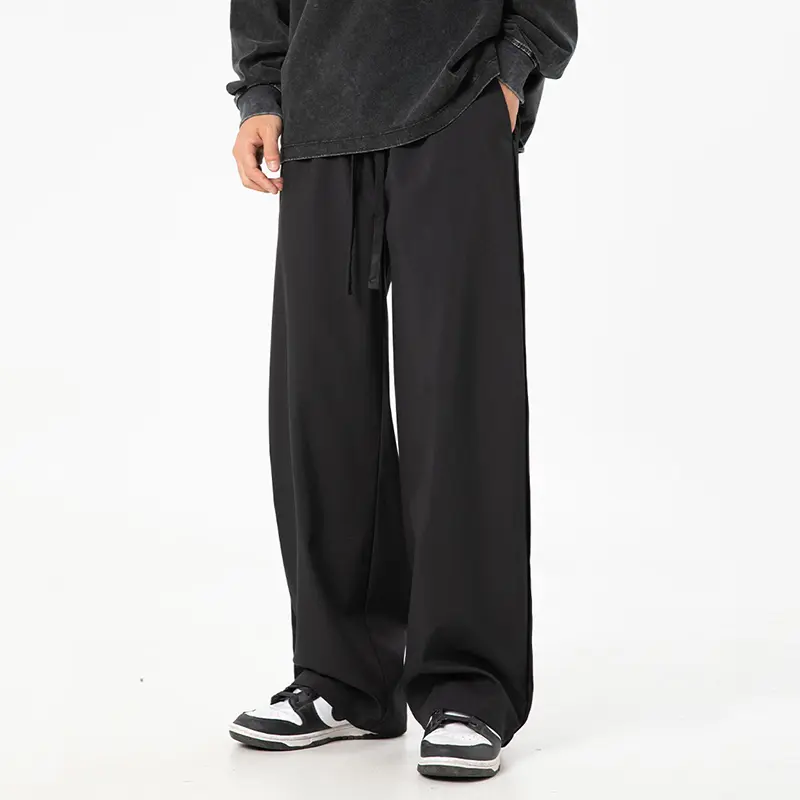 IEFB Korean Style Men's Casual Pants Drawstring Solid Color Straight Straight Wide Leg Loose Elastic Waist Male Bottom 9W3493