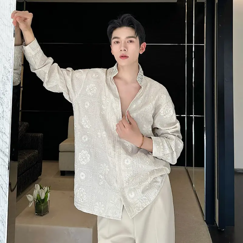 IEFB Men's Long Sleeve Shirts Embroidered Jacquard Handmade Pearl Diamond Decoration Standing Collar Male Clothing 9W2123
