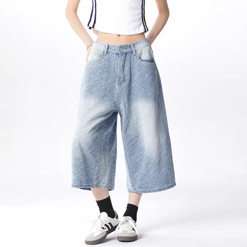 IEFB New Trendy Men's Jorts Jacquard Washed American Style Over Knee Length Denim Pants Male 2025 Summer Fashion Tide 9W2753