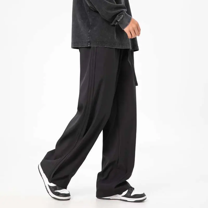 IEFB Korean Style Men's Casual Pants Drawstring Solid Color Straight Straight Wide Leg Loose Elastic Waist Male Bottom 9W3493