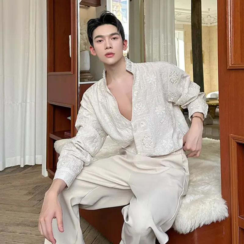 IEFB Men's Long Sleeve Shirts Embroidered Jacquard Handmade Pearl Diamond Decoration Standing Collar Male Clothing 9W2123