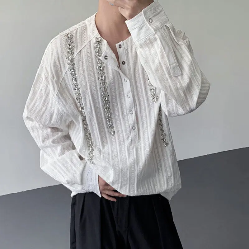 IEFB Niche Design Men's Shirts Round Collar Solid Color Diamond Decoration Button Design Long Sleeved Loose Male Tops New 9W3630