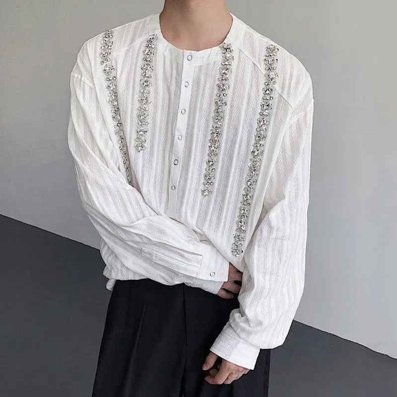 IEFB Niche Design Men's Shirts Round Collar Solid Color Diamond Decoration Button Design Long Sleeved Loose Male Tops New 9W3630