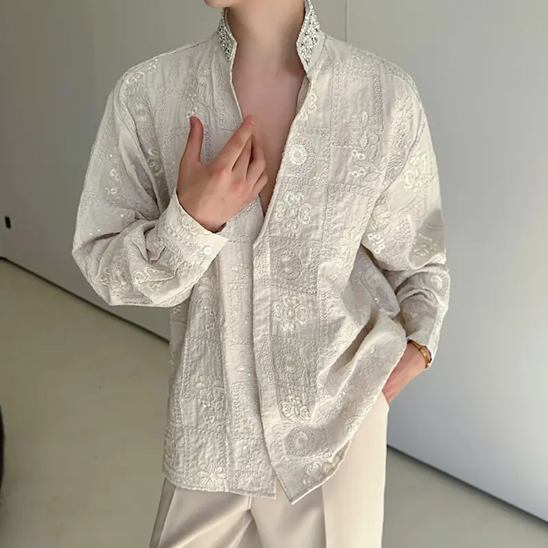 IEFB Men's Long Sleeve Shirts Embroidered Jacquard Handmade Pearl Diamond Decoration Standing Collar Male Clothing 9W2123