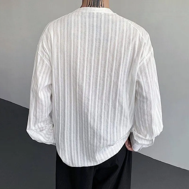 IEFB Niche Design Men's Shirts Round Collar Solid Color Diamond Decoration Button Design Long Sleeved Loose Male Tops New 9W3630