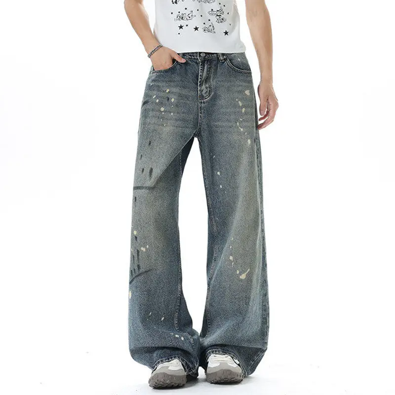 IEFB American Style Men's Straight Leg Jeans High Street Ink Splash Denim Pants Summer New Trendy Male Clothing Baggy 9W3750