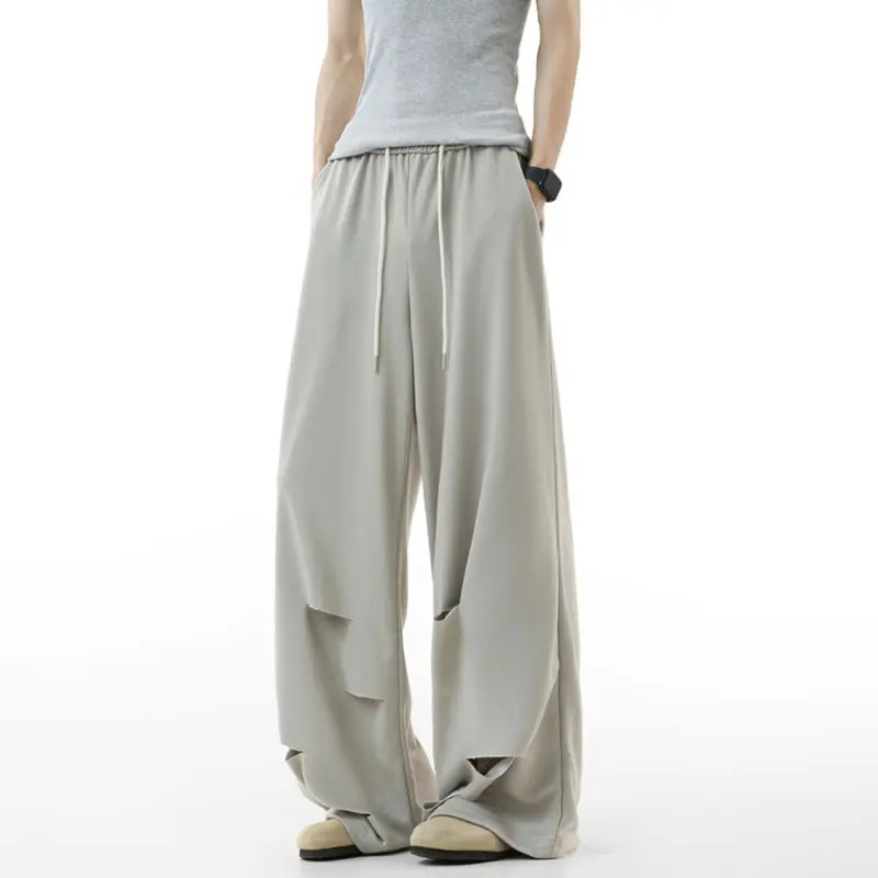 IEFB Casual Sweatpants Summer Men's Bottoms Elastic Waist Wide Leg Trousers 2025 New Fashion Pants Hole Niche Design 9W3930