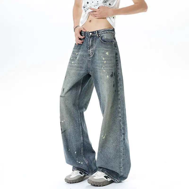 IEFB American Style Men's Straight Leg Jeans High Street Ink Splash Denim Pants Summer New Trendy Male Clothing Baggy 9W3750