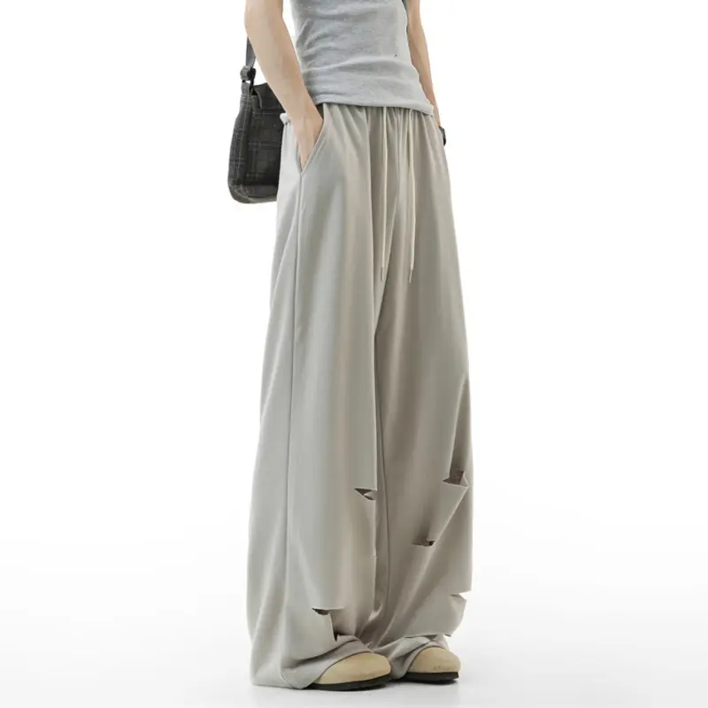 IEFB Casual Sweatpants Summer Men's Bottoms Elastic Waist Wide Leg Trousers 2025 New Fashion Pants Hole Niche Design 9W3930