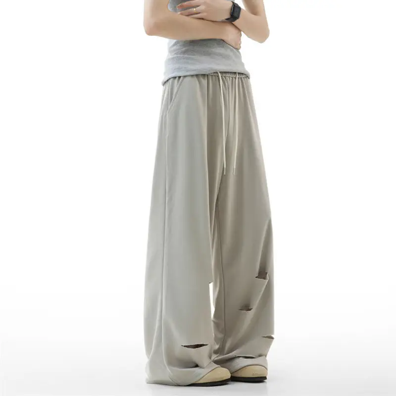IEFB Casual Sweatpants Summer Men's Bottoms Elastic Waist Wide Leg Trousers 2025 New Fashion Pants Hole Niche Design 9W3930