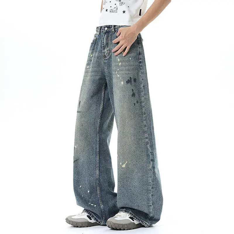 IEFB American Style Men's Straight Leg Jeans High Street Ink Splash Denim Pants Summer New Trendy Male Clothing Baggy 9W3750