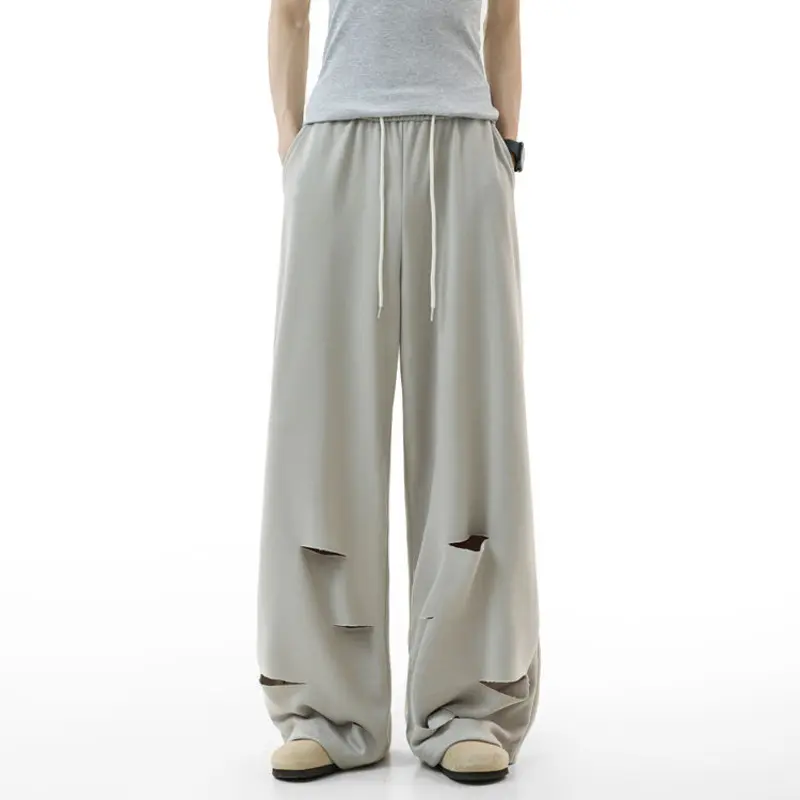 IEFB Casual Sweatpants Summer Men's Bottoms Elastic Waist Wide Leg Trousers 2025 New Fashion Pants Hole Niche Design 9W3930