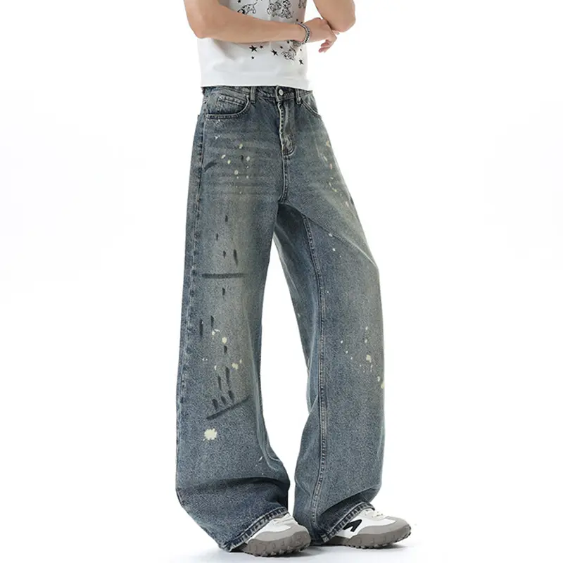 IEFB American Style Men's Straight Leg Jeans High Street Ink Splash Denim Pants Summer New Trendy Male Clothing Baggy 9W3750