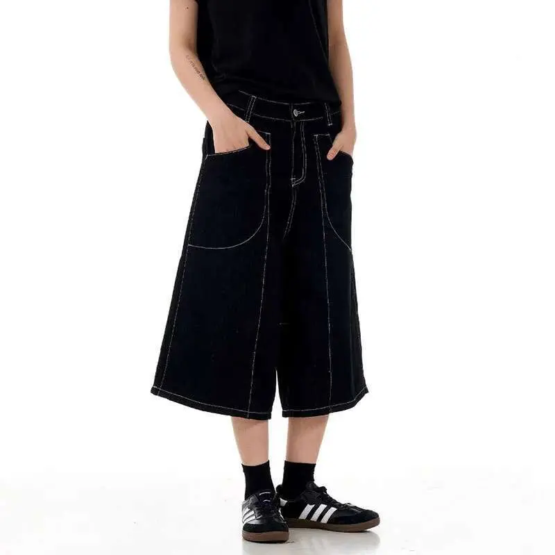 IEFB New High Street American Style Cropped Jeans Summer Patchwork Handsome Straight Wide Leg Design Shorts Solid Color 9W1714