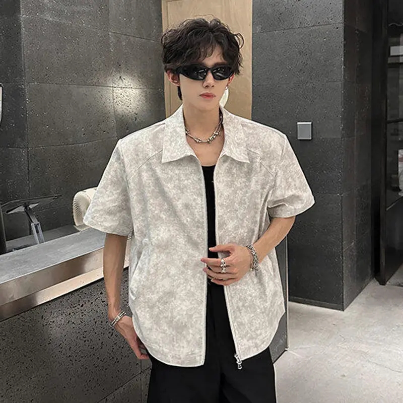 IEFB Short Sleeve Tie-Dye Male Shirts Summer Double Zippers Shoulder Pads Shirt New Trendy Men Clothing 2025 Causal 9W3595