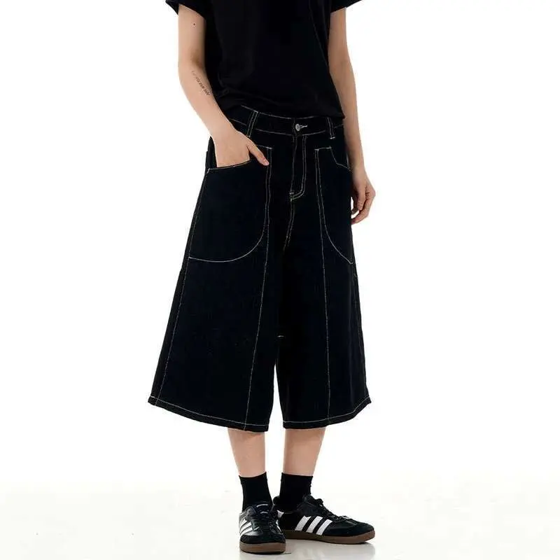 IEFB New High Street American Style Cropped Jeans Summer Patchwork Handsome Straight Wide Leg Design Shorts Solid Color 9W1714