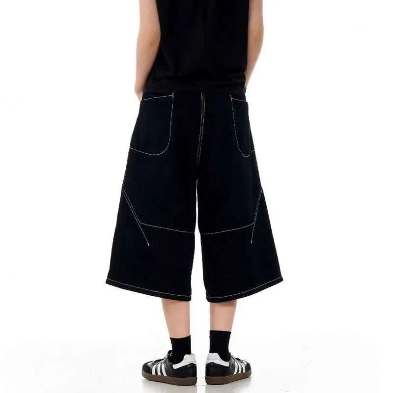 IEFB New High Street American Style Cropped Jeans Summer Patchwork Handsome Straight Wide Leg Design Shorts Solid Color 9W1714