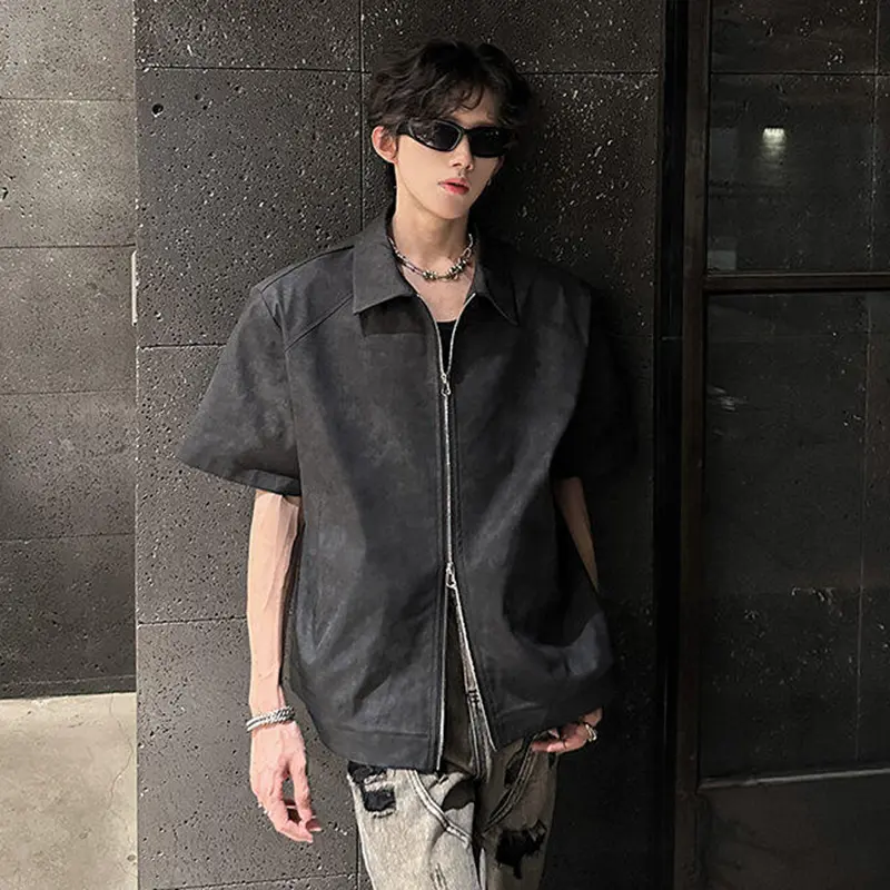 IEFB Short Sleeve Tie-Dye Male Shirts Summer Double Zippers Shoulder Pads Shirt New Trendy Men Clothing 2025 Causal 9W3595