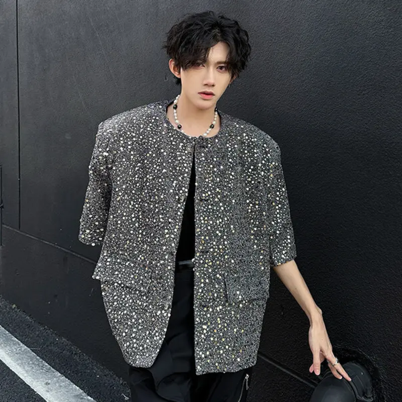 IEFB Fashion Men's Shirts Turn-down Collar Sequins Shoulder Padded Short Sleeved Casual Shirt Single Breasted Male Tops 9W2773