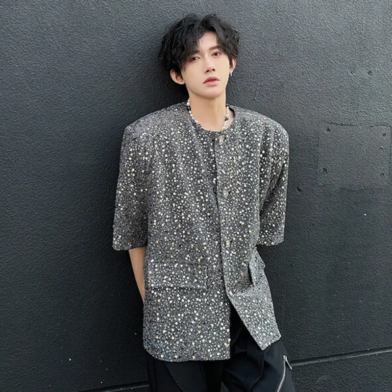IEFB Fashion Men's Shirts Turn-down Collar Sequins Shoulder Padded Short Sleeved Casual Shirt Single Breasted Male Tops 9W2773