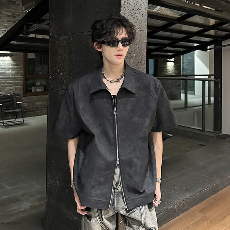 IEFB Short Sleeve Tie-Dye Male Shirts Summer Double Zippers Shoulder Pads Shirt New Trendy Men Clothing 2025 Causal 9W3595