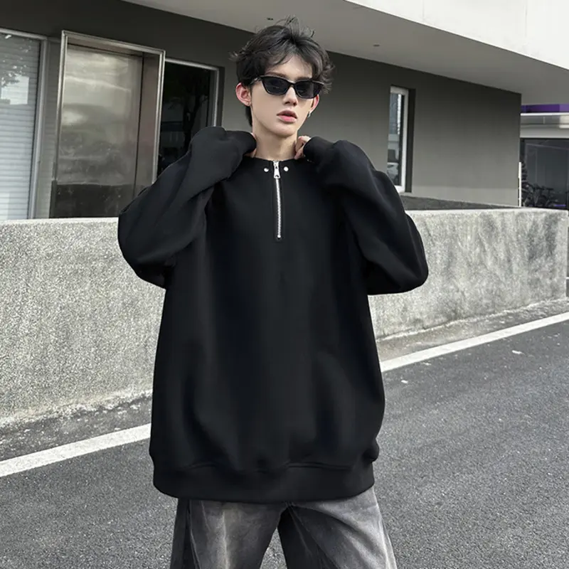 IEFB new autumn men's sweatshirts solid color half zipper design solid color korean style loose round neck male clothing 9W4131