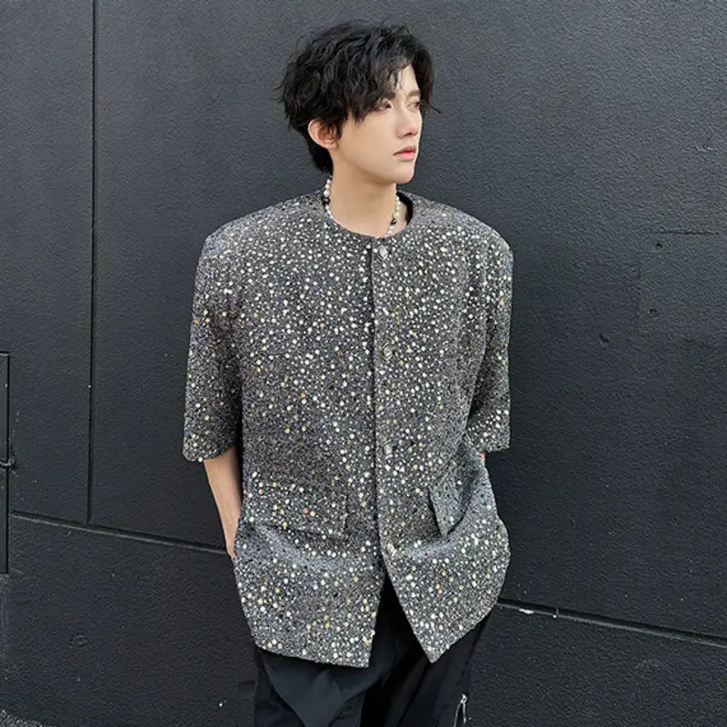 IEFB Fashion Men's Shirts Turn-down Collar Sequins Shoulder Padded Short Sleeved Casual Shirt Single Breasted Male Tops 9W2773