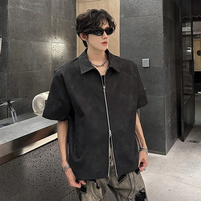 IEFB Short Sleeve Tie-Dye Male Shirts Summer Double Zippers Shoulder Pads Shirt New Trendy Men Clothing 2025 Causal 9W3595