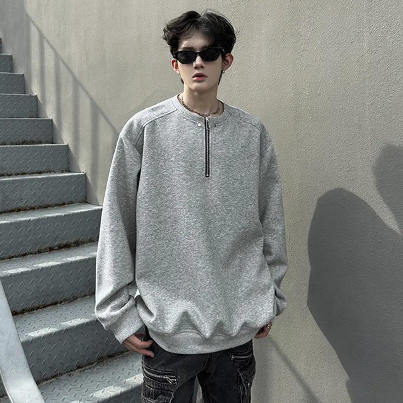 IEFB new autumn men's sweatshirts solid color half zipper design solid color korean style loose round neck male clothing 9W4131