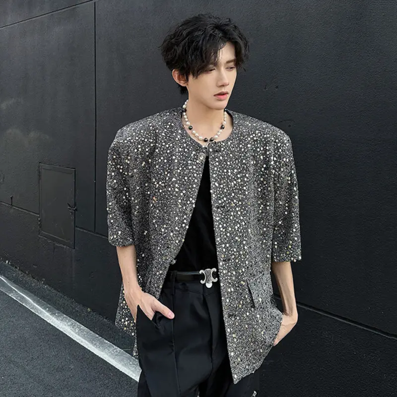 IEFB Fashion Men's Shirts Turn-down Collar Sequins Shoulder Padded Short Sleeved Casual Shirt Single Breasted Male Tops 9W2773