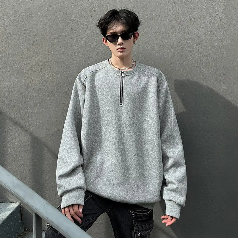 IEFB new autumn men's sweatshirts solid color half zipper design solid color korean style loose round neck male clothing 9W4131