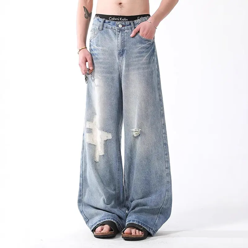 IEFB Niche Design Men's Denim Pants Washing Back Letter Embroidery Bottom Contrast Color Worn-out Holes Trendy Male Jeans 9W3977