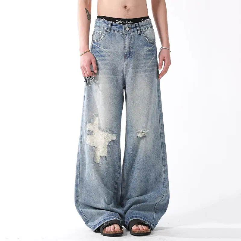 IEFB Niche Design Men's Denim Pants Washing Back Letter Embroidery Bottom Contrast Color Worn-out Holes Trendy Male Jeans 9W3977