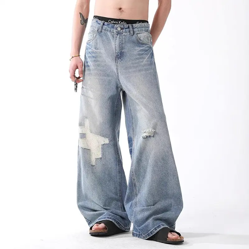 IEFB Niche Design Men's Denim Pants Washing Back Letter Embroidery Bottom Contrast Color Worn-out Holes Trendy Male Jeans 9W3977