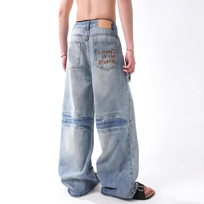 IEFB Niche Design Men's Denim Pants Washing Back Letter Embroidery Bottom Contrast Color Worn-out Holes Trendy Male Jeans 9W3977