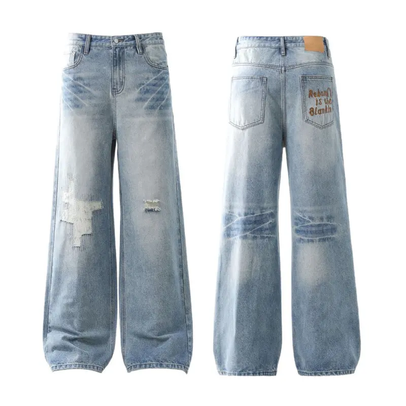 IEFB Niche Design Men's Denim Pants Washing Back Letter Embroidery Bottom Contrast Color Worn-out Holes Trendy Male Jeans 9W3977