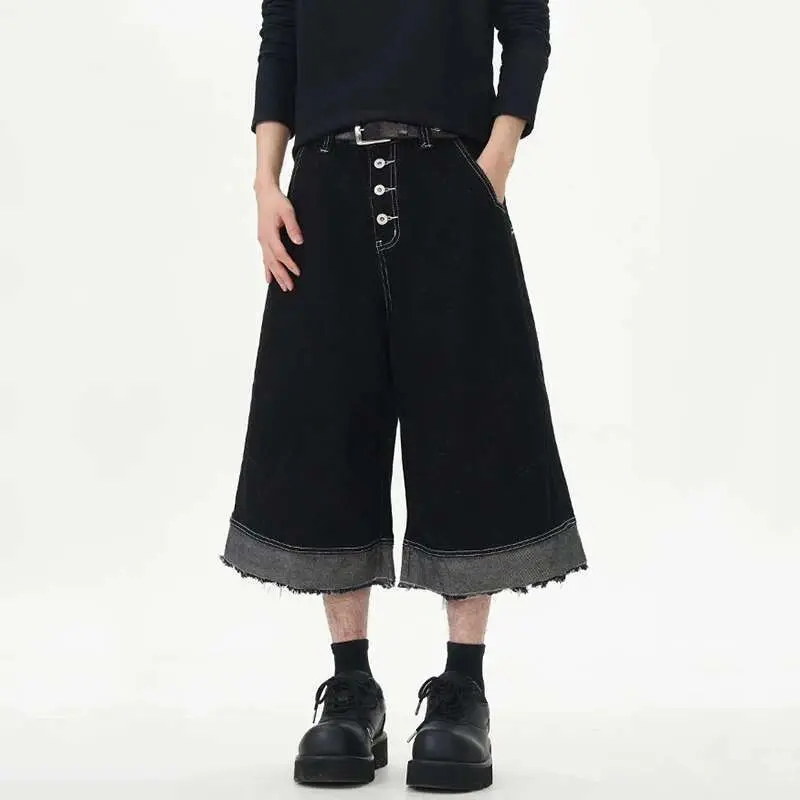 IEFB High Street Men's Jeans Button Design Raw Edge Contrast Color Patchwork Straight Wide Leg Loose Male Denim Shorts 9W2526