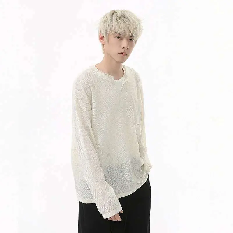 IEFB Men's T-shirt Long Sleeve Design Korean Pocket Decoration V-neck Casual Top Thin Loose Male Pullover Clothing 9W1585