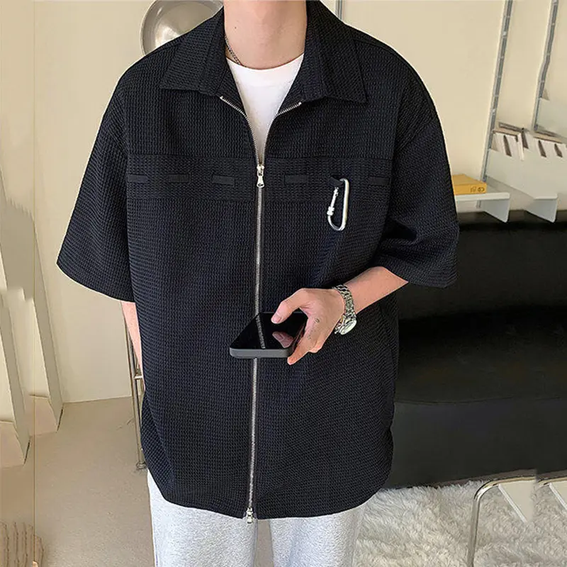 IEFB Men's Shirts Short Sleeve New Summer Zipper Metal Buckle Trendy Turn-down Collar Solid Color Male Casual Clothing 9W2209