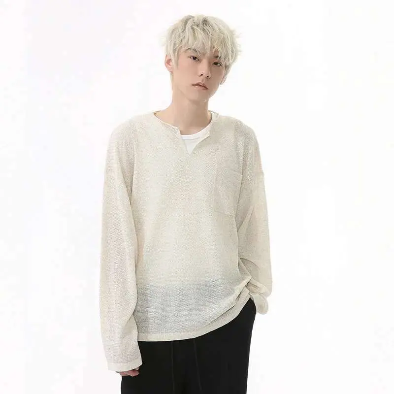 IEFB Men's T-shirt Long Sleeve Design Korean Pocket Decoration V-neck Casual Top Thin Loose Male Pullover Clothing 9W1585