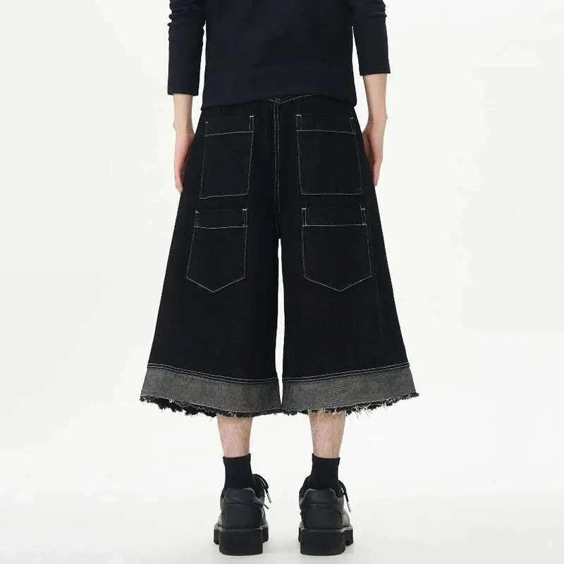 IEFB High Street Men's Jeans Button Design Raw Edge Contrast Color Patchwork Straight Wide Leg Loose Male Denim Shorts 9W2526