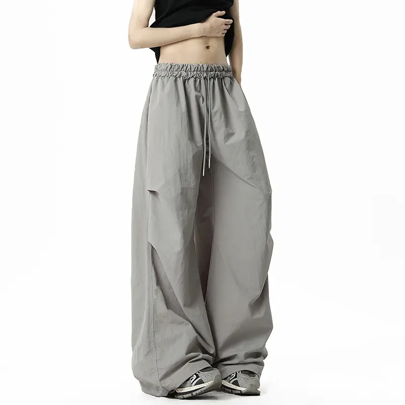 IEFB Pleated Design Men's Casual Trousers Elastic Waist Solid Color Wide Leg Quick-dry Drawstring Straight Male Pants New 9W2289