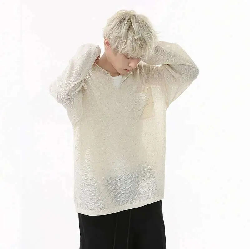 IEFB Men's T-shirt Long Sleeve Design Korean Pocket Decoration V-neck Casual Top Thin Loose Male Pullover Clothing 9W1585