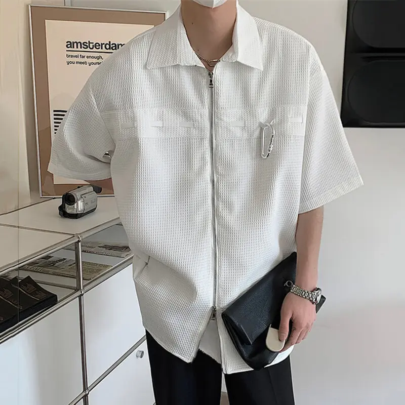 IEFB Men's Shirts Short Sleeve New Summer Zipper Metal Buckle Trendy Turn-down Collar Solid Color Male Casual Clothing 9W2209