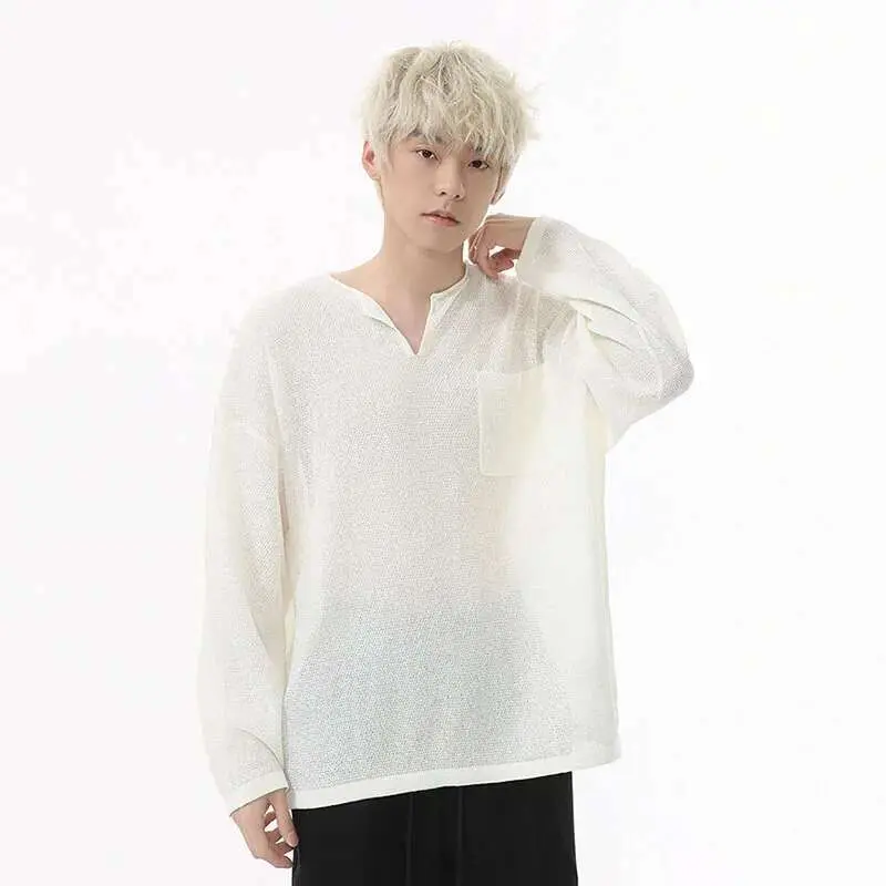 IEFB Men's T-shirt Long Sleeve Design Korean Pocket Decoration V-neck Casual Top Thin Loose Male Pullover Clothing 9W1585