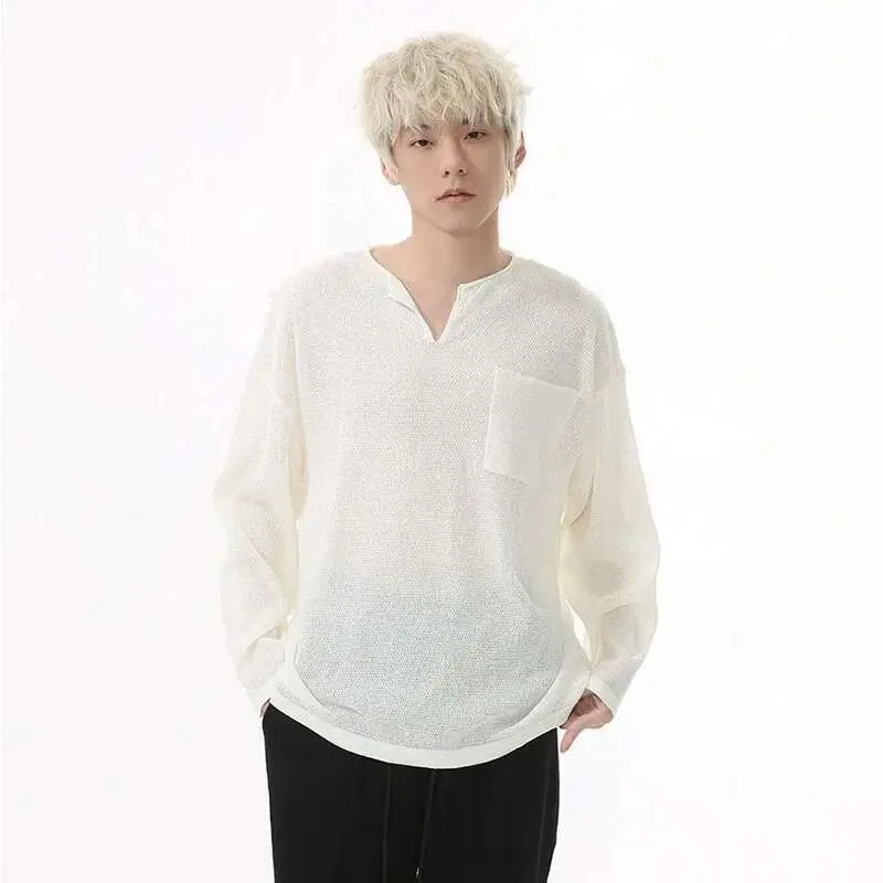 IEFB Men's T-shirt Long Sleeve Design Korean Pocket Decoration V-neck Casual Top Thin Loose Male Pullover Clothing 9W1585